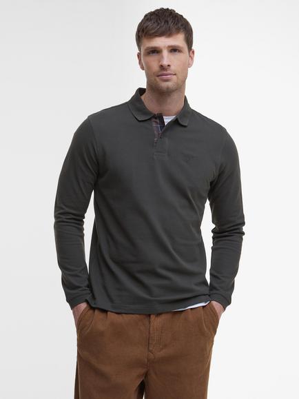 Barbour Essential Tartan Long Sleeve Cotton Piqué Polo Shirt, Forest, Forest