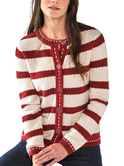 Pure Collection Wool Cotton Striped Cardigan, White/Burgundy, White/Burgundy