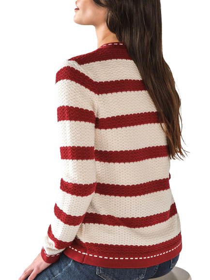 Pure Collection Wool Cotton Striped Cardigan, White/Burgundy - view 2, White/Burgundy