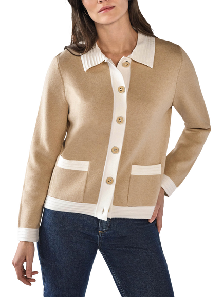 Pure Collection Wool Cotton Milano Tipped Cardigan, Camel/White, Camel/White