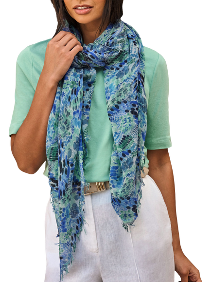 Pure Collection Wool and Cashmere Blend Scarf, Blue Brush Stroke - view 2, Blue Brush Stroke
