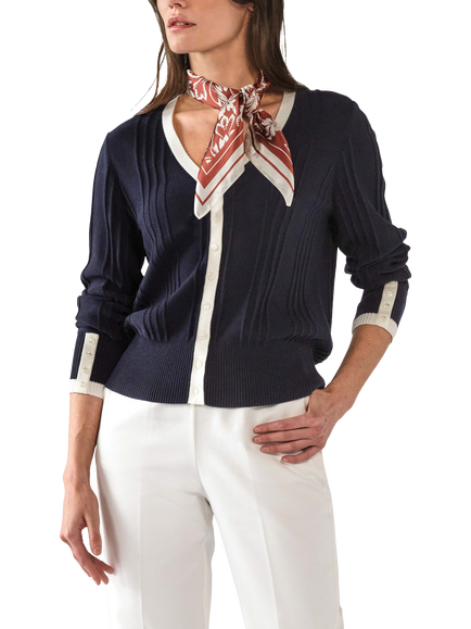 Pure Collection Supima Cotton V-Neck Tipped Cardigan, Navy/Soft White, Navy/Soft White