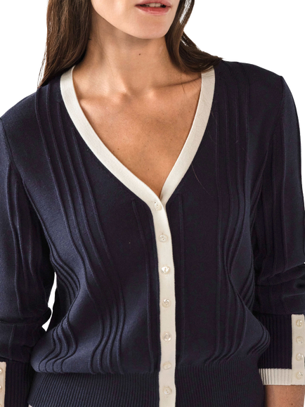 Pure Collection Supima Cotton V-Neck Tipped Cardigan, Navy/Soft White - view 2, Navy/Soft White