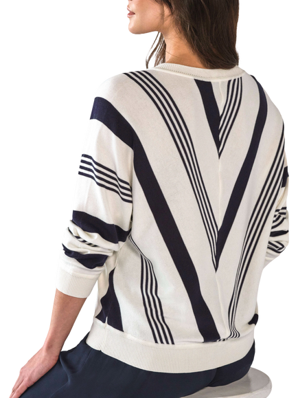 Pure Collection Supima Cotton Chevron Jumper, Soft White/Navy - view 2, Soft White/Navy