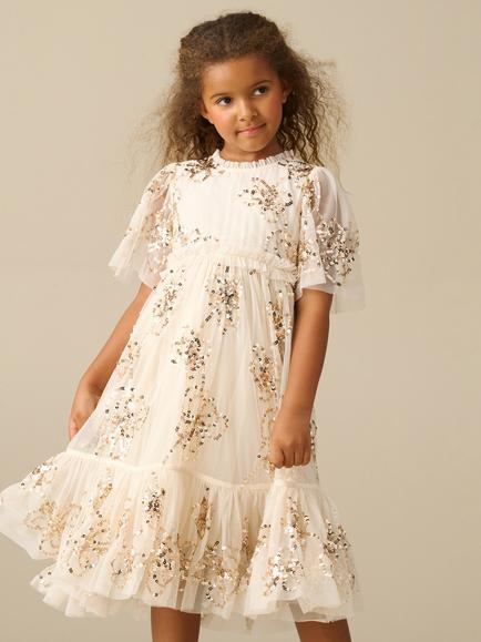 Angel & Rocket Kids' Delta Flutter Sleeve Sequin Mesh Dress, Ivory, Ivory