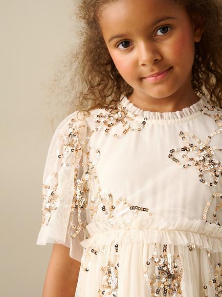 Angel & Rocket Kids' Delta Flutter Sleeve Sequin Mesh Dress, Ivory - view 2, Ivory