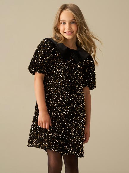 Angel & Rocket Kids' Eloise Collar Sequin Swing Dress, Black/Gold, Black/Gold