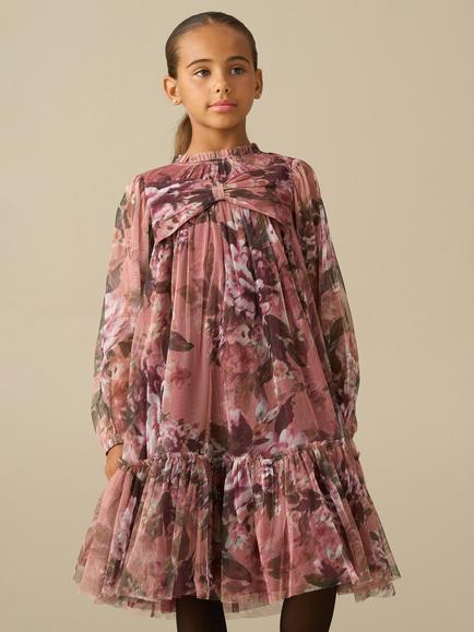 Angel & Rocket Kids' Leia Long Sleeve Floral Mesh Dress, Pink, Pink