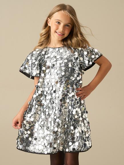 Angel & Rocket Kids' Leona Short Sleeve Sequin Dress, Silver, Silver