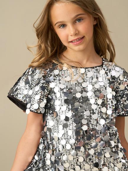 Angel & Rocket Kids' Leona Short Sleeve Sequin Dress, Silver - view 2, Silver