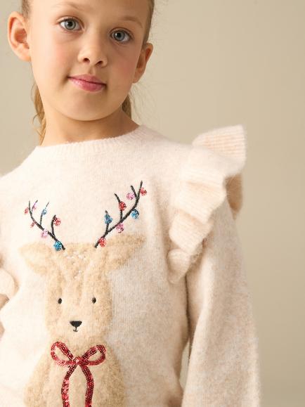 Angel & Rocket Kids' Lyla Fluffy Knit Reindeer Applique Jumper, Cream/Multi - view 2, Cream/Multi