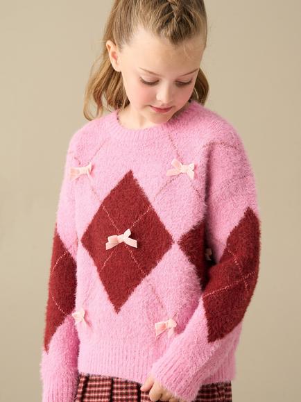 Angel & Rocket Kids' Sara Knitted Argyle Velvet Bow Jumper, Pink, Pink