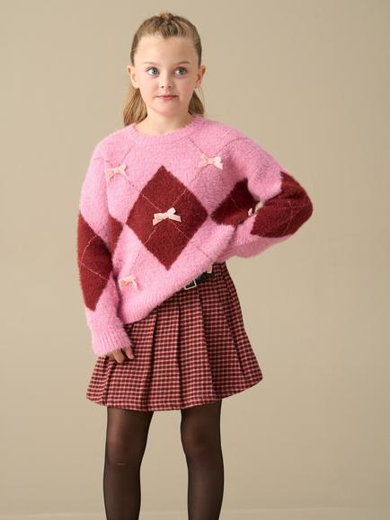 Angel & Rocket Kids' Sara Knitted Argyle Velvet Bow Jumper, Pink - view 2, Pink