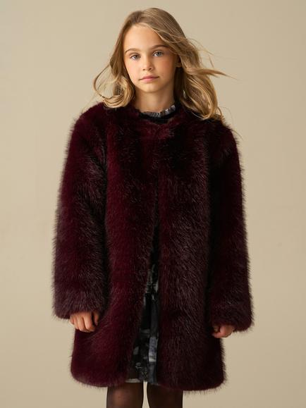 Angel & Rocket Kids' Allegra Long Line Faux Fur Coat, Burgundy, Burgundy
