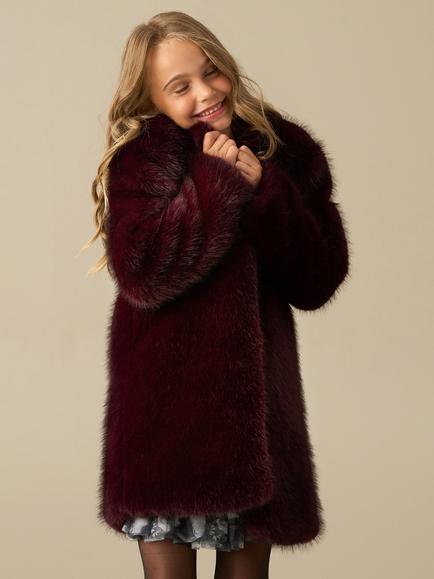 Angel & Rocket Kids' Allegra Long Line Faux Fur Coat, Burgundy - view 2, Burgundy