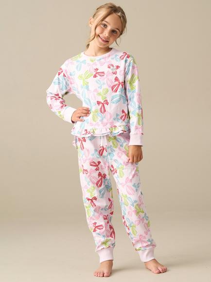 Angel & Rocket Kids' Betty Long Sleeve Bow Print Pyjama Set, Pink, Pink