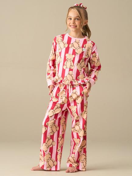 Angel & Rocket Kids' Theodora Long Sleeve Stripe Teddy Bear Pyjama Set, Pink, Pink