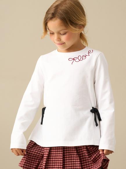 Angel & Rocket Kids' Betsy Long Sleeve Embroidered Bow Top, White, White