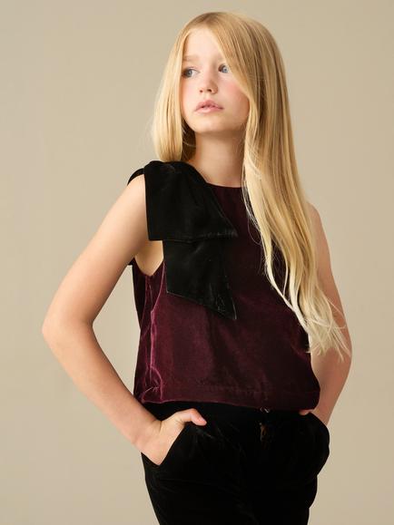 Angel & Rocket Kids' Clea Sleeveless Velvet Oversized Bow Top, Burgundy, Burgundy