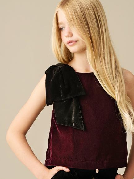 Angel & Rocket Kids' Clea Sleeveless Velvet Oversized Bow Top, Burgundy - view 2, Burgundy