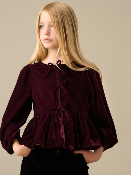 Angel & Rocket Kids' Hattie Velvet Long Sleeve Bow Front Top, Burgundy, Burgundy