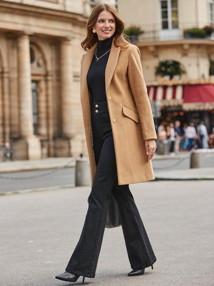 Sosandar Single Breasted Button Detail Long Coat, Camel - view 2, Camel