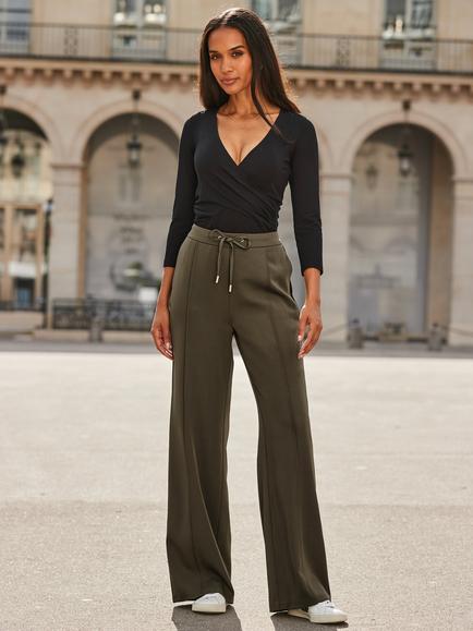 Sosandar Side Stripe Wide Leg Trousers, Khaki Green, Khaki Green