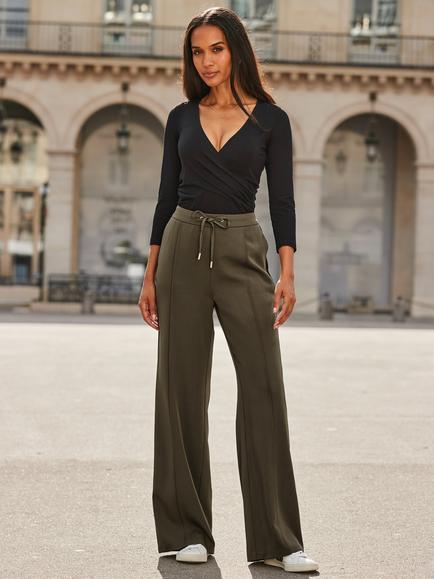 Sosandar Petite Stripe Wide Leg Trousers, Khaki Green, Khaki Green
