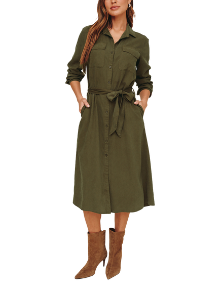 Bella Dahl Patch Pocket Midi Dress Containing TENCEL™ Lyocell, Olive, Olive