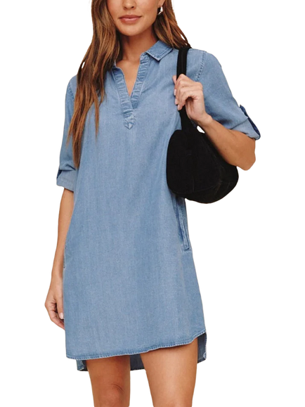 Bella Dahl Rolled Tab Sleeve A-Line Shirt Dress Containing TENCEL™ Lyocell, Light Blue, Light Blue