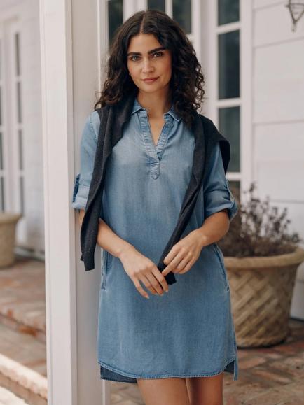 Bella Dahl Rolled Tab Sleeve A-Line Shirt Dress Containing TENCEL™ Lyocell, Light Blue - view 2, Light Blue