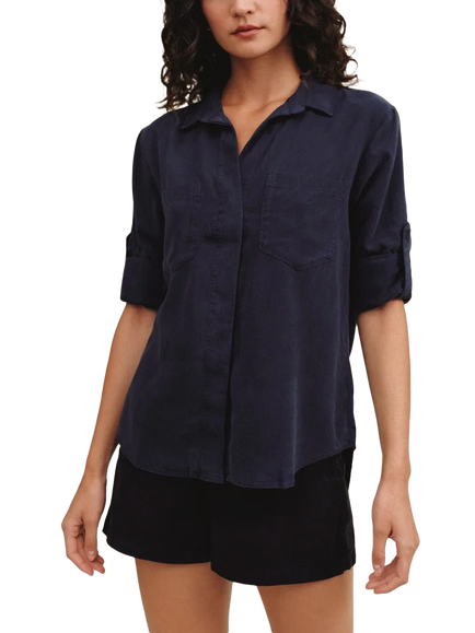 Bella Dahl Split Back Button Front Blouse Containing TENCEL™ Lyocell, Navy