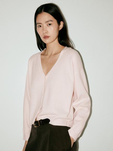 Mango Oversized V-Neck Cardigan, Pastel Pink