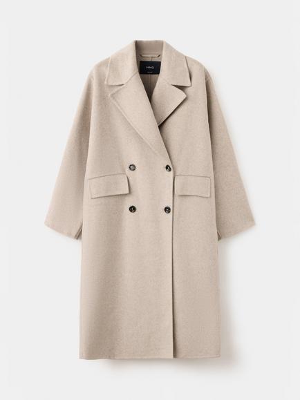 Mango Long Double-Breasted Wool Blend Overcoat, Taupe, Taupe