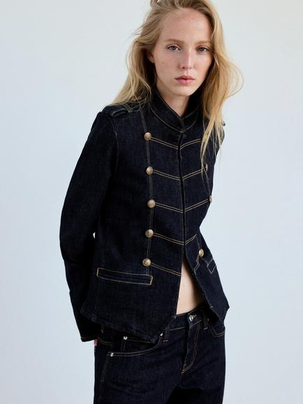 Mango Tailored Cropped Cotton Rich Denim Jacket, Blue, Blue