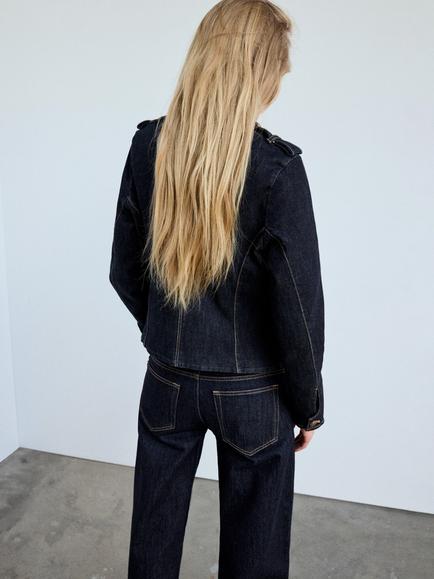 Mango Tailored Cropped Cotton Rich Denim Jacket, Blue - view 2, Blue