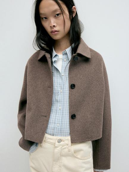 Mango Long Sleeve Cropped Relaxed Fit Wool Blend Jacket, Taupe, Taupe
