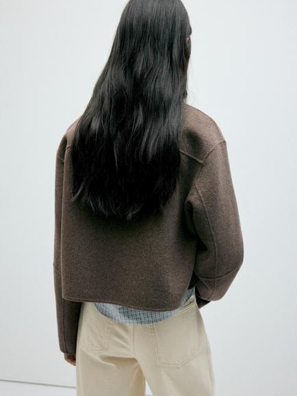 Mango Long Sleeve Cropped Relaxed Fit Wool Blend Jacket, Taupe - view 2, Taupe