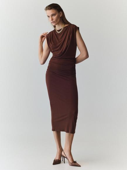 Mango Draped Cowl Neck Sleeveless Midi Dress, Rust