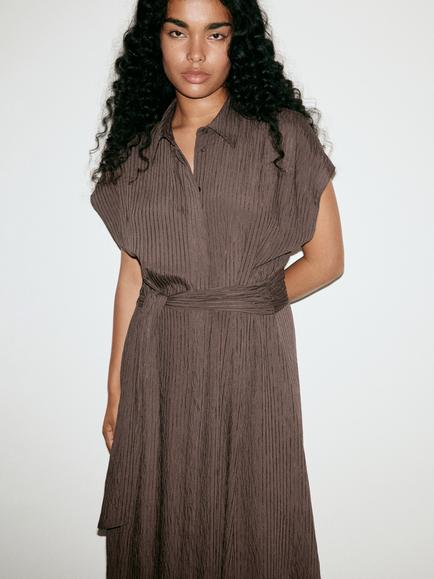Mango Short Sleeve Tie Waist Shirt Midi Dress, Brown - view 2, Brown
