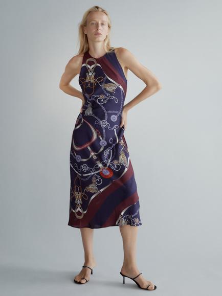 Mango Sleeveless Printed Midi Dress, Navy, Navy