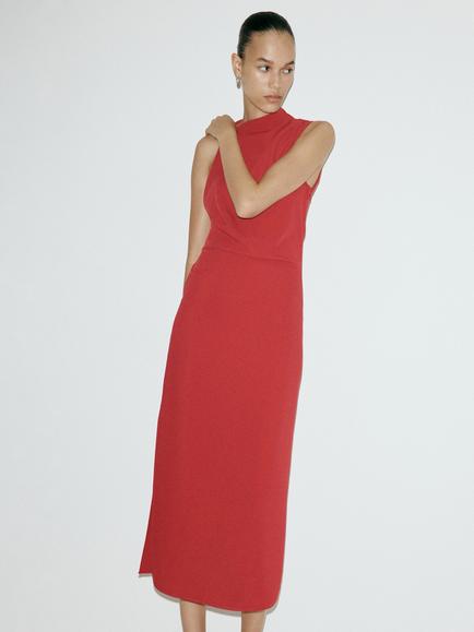 Mango Sculptural Drape High-Neck Midi Dress, Red, Red