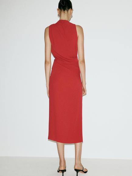 Mango Sculptural Drape High-Neck Midi Dress, Red - view 2, Red
