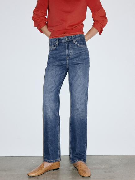 Mango Mid Rise Straight Leg Denim Jeans, Blue, Blue