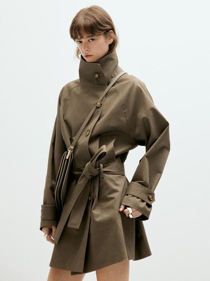 Mango Funnel Neck Midi Trench Coat, Khaki, Khaki
