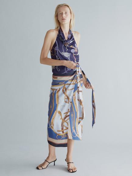Mango High Waist Draped Wrap Midi Skirt, Sky Blue, Sky Blue