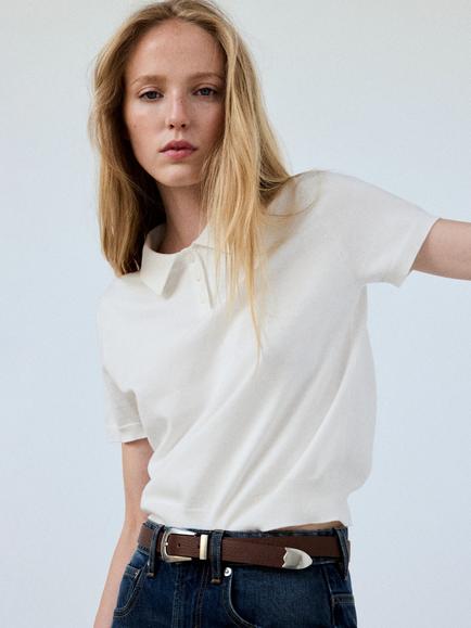 Mango Tailored Collar Knit Short Sleeve Polo Shirt, White, White