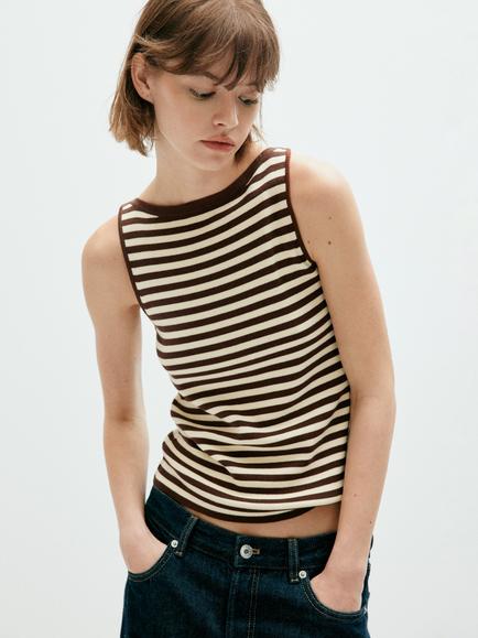 Mango Sculpted Boat Neck Knit Vest Top, Coffee, Coffee