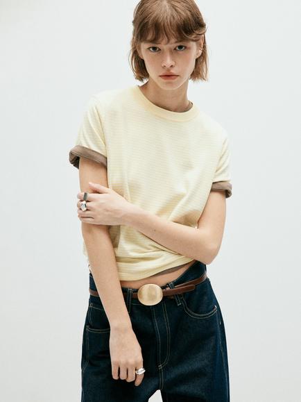 Mango Crew Neck Short Sleeve T-Shirt, Pastel Yellow, Pastel Yellow