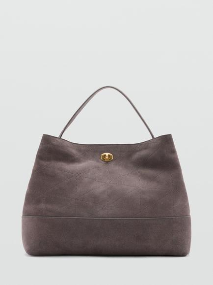 Mango Signature Leather Shoulder Tote Bag, Grey, Grey